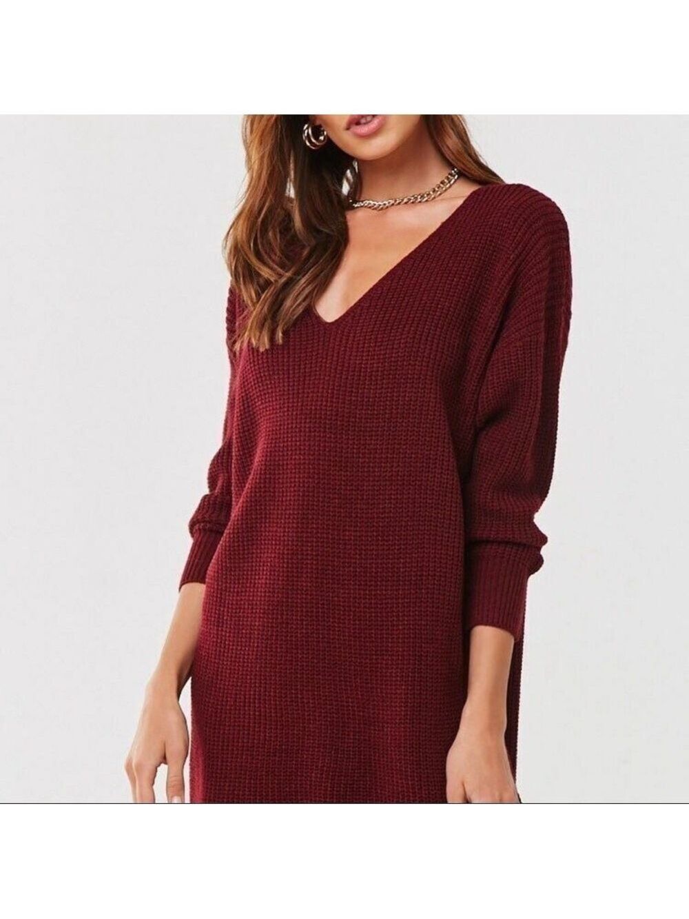 NEW-VINE & Love Back Cutout  Burgundy Ribbed Knit Sweater Mini Dress Size Large